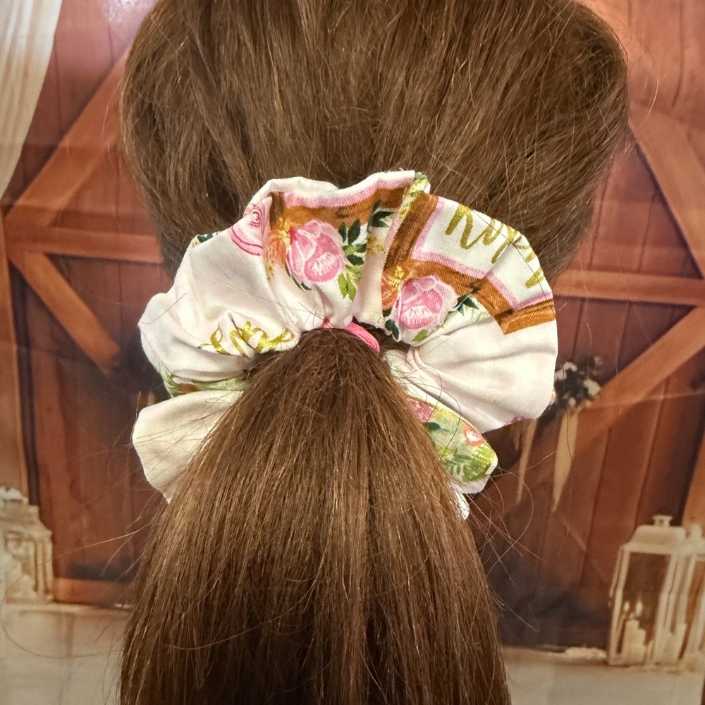 Floral Pink & Green Cotton Scrunchie